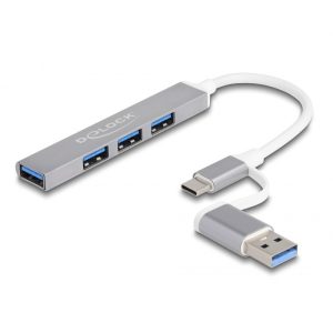 Delock 4 Port Slim USB Hub mit USB Type-C™ oder USB Typ-A zu 3 x USB 2.0 Typ-A Buchse + 1 x USB 5 Gbps Typ-A Buchse