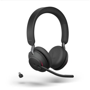 Jabra Evolve2 65 Headset, Stereo, kabellos, Bluetooth, schwarz inkl. Link 380 USB-C & Ladestation, Optimiert für Microsoft Teams