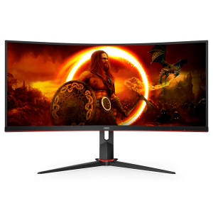 AOC Gaming CU34G2XP – 34 Zoll WQHD Curved Monitor, 180 Hz FreeSync Prem., HDR400 (3440×1440, 1ms GtG, HDMI, DisplayPort, USB Hub) schwarz-rot