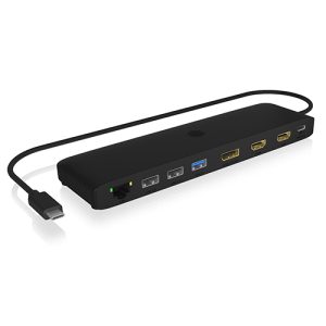 Icy Box USB Type-C DockingStation mit dreifacher Videoausgabe 4x USB-A-, 1x USB-C-PD-, 1x RJ45 Netzwerk-Anschluss, microSD- und SD-Kartenschacht, Audi