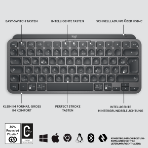 Logitech MX Keys Mini Minimalist Wireless Illuminated Keyboard, Wireless Bluetooth Keyboard, graphite