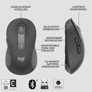 Logitech Signature M650 Large, kabellose Maus, Bluetooth- und Logi Bolt-kompatibel, Siltent Touch, Smartwheel, USB-Empfänger, Graphite