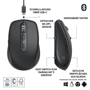 Logitech MX Anywhere 3S, Kabellos Bluetooth, Kompatibel mit Logi Bolt-Empfänger, 8K DPI-Sensor, Graphite