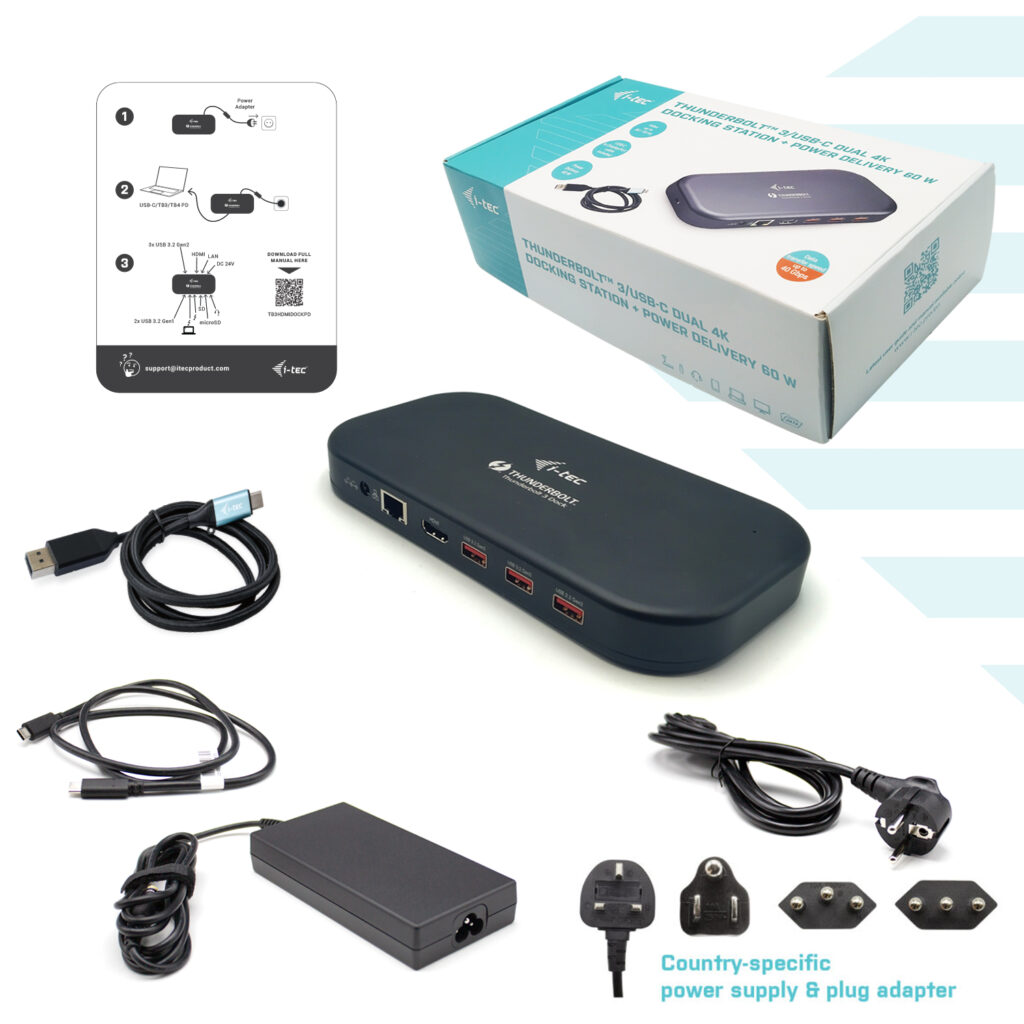 i-tec Thunderbolt 3 Dual 4K Docking Station, Power Delivery 60W Power Delivery