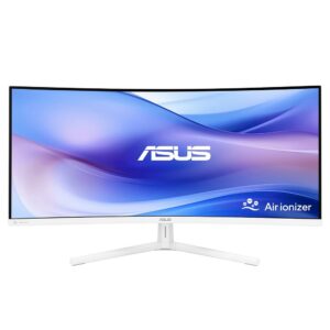 ASUS VU34WCIP-W Eye Care Monitor, 34″ UWQHD VA Curved, 3440×1440, 100Hz, 1ms MPRT, USB-C 65W, HDMI, DisplayPort, White