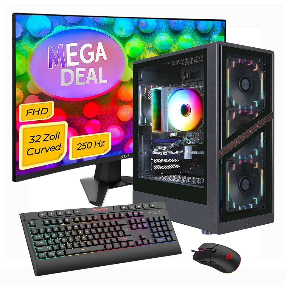GAMEMAX MegaDeal AERIS GB SET2875 8189 Ryzen 7 5700X 16GB 1TB SSD RTX 5060 + MSI MAG 32C6X Curved Monitor 80cm (32″) + M