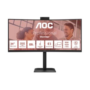 AOC CU34E4CW, 34″ Curved VA, 3440 x 1440, 120 Hz, HDR10, USB-C 90 W, Smart KVM, 5 MP Webcam, RJ45