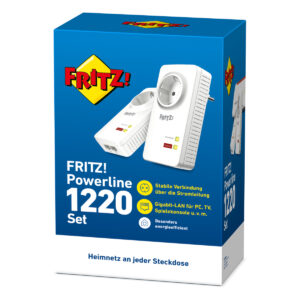 FRITZ!Powerline 1220 Set 2x adapter, with integrated socket, up to 1200 Mbit/s, 2x Gigabit LAN
